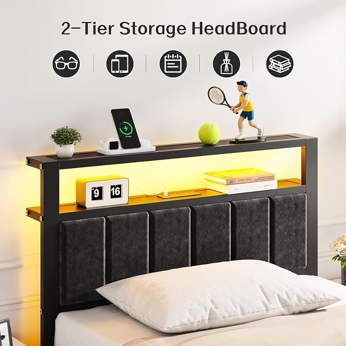 OLEVS Twin Bed Frame with LED Lights & USB Outlets, Platform Twin Bed with Storage Headboard, No Box Spring Needed, Easy Assembly