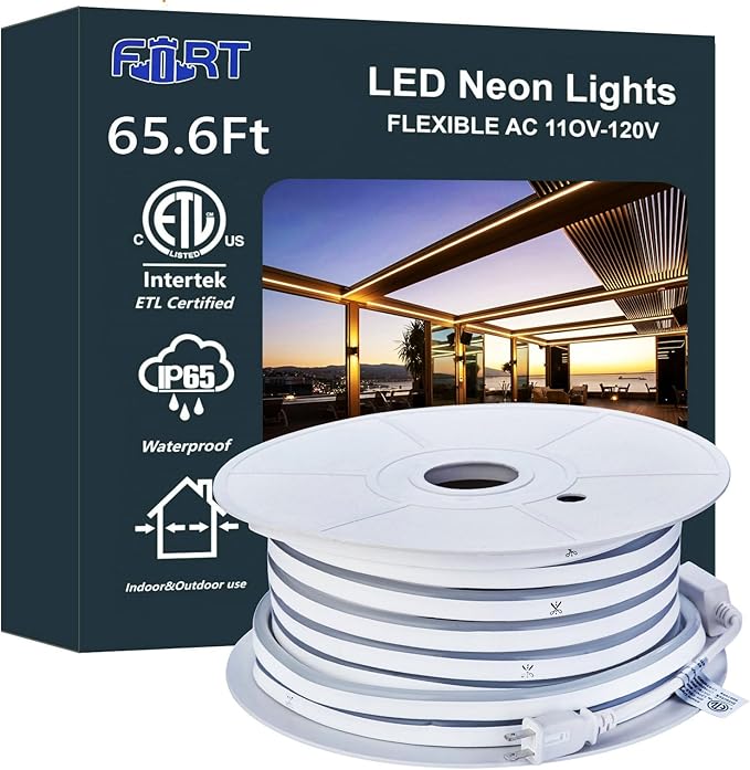 FORT LED Neon Rope Lights Outdoor Warm White‌ 65.6FT led Lights Strip- 120V ETL Certifie Waterproof for Christmas/Wedding/Garden/Patio/Party/Walkway/Deck Railing/soffits/Playhouse Decoration