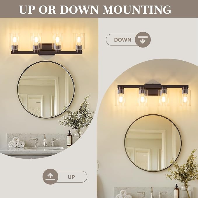 4-Light Bathroom Light Fixtures with Clear Glass, Oil Rubbed Bronze | Vanity Lights, Modern Wall Sconces, Over Mirror for Bathroom, Powder Room, Living Room
