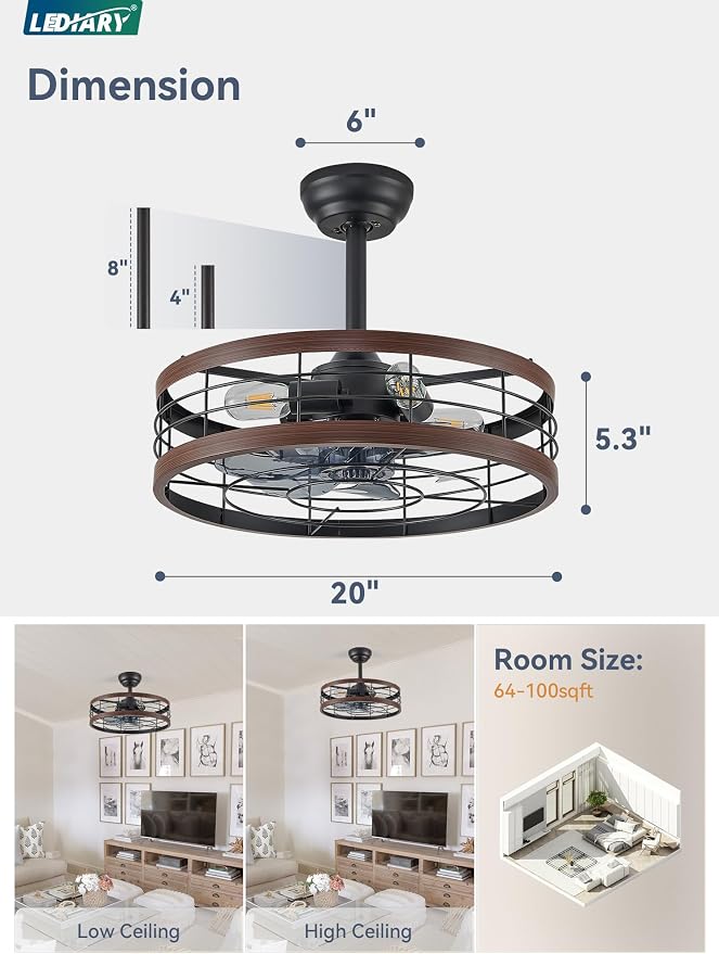 LEDIARY 20 inch Fandelier Caged Ceiling Fan with Light and Remote, Walnut | 6 Speed Adjustable,Timing, Quiet & Powerful DC, Small, Farmhouse, Industrial, Enclosed, Bladeless, Bedroom, Kitchen, Downrod