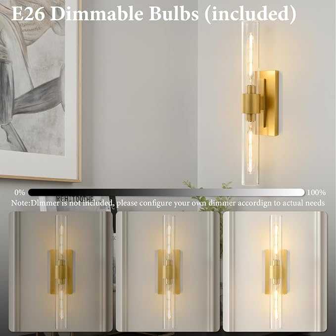 Champagne Brass Bathroom Wall Sconce: Set of 2 Modern Gold Decor Lighting | Clear Glass Tube Minimalist Vanity Sconces, Vertical or Horizontal Dimmable Brushed Light Fixture for Indoor Hallway Bedroom