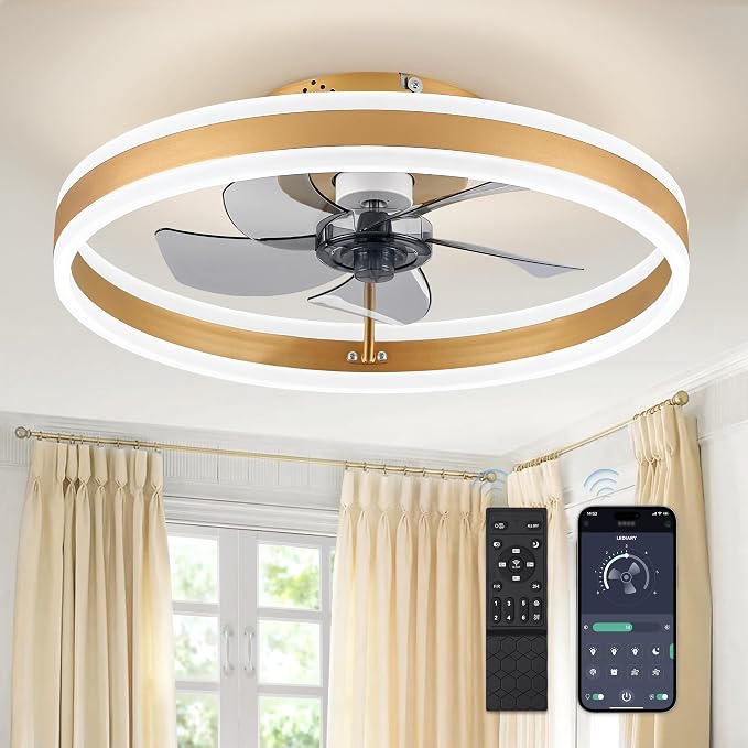 LEDIARY 19.7'' Modern Low Profile Ceiling Fans with Lights and Remote,Gold | 3000-6000K Dimmable LED, 6 Wind Speeds, Quiet Reversible DC Motor, Small Flush Mount Fandelier for Bedroom, Living Room