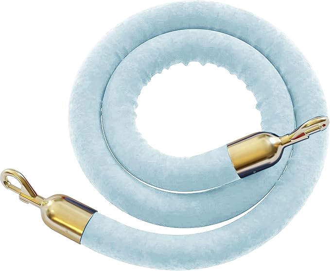 Montour Line Velvet Hanging Stanchion Rope Foam Core, 6 Foot Light Blue Rope with Polished Brass Snap Ends