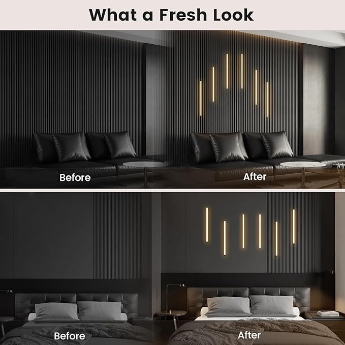 Wall Led Lights - GloryAir 6pcs Black 3000K Warm White Led Panel Light Strips, Self-Adhesive Dimmable Touch Switch Wall Slat Lights for Wood Slat, Fluted Panel, Bedroom Headboard
