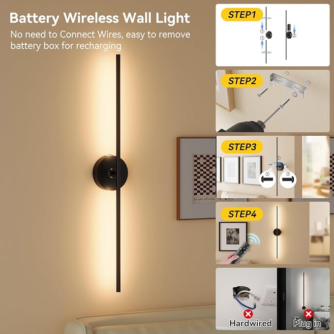 Battery Operated Wall Sconces Set of 2, 8000mAh Wireless Rechargeable 3000-6000K Dimmable 350° Rotate Wall Light with Remote for Living Room, Bedroom 31.6in Black