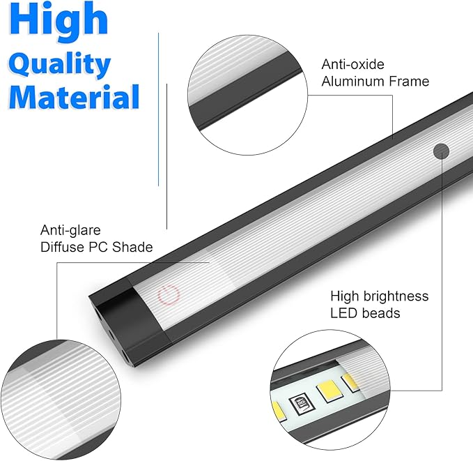 MYPLUS Under Cabinet Lights, 12" Touch Activated and Dimmable Aluminum LED Bar for Kitchen, Workbench and Desk, Warm White 3000K, Plug-in, Black.