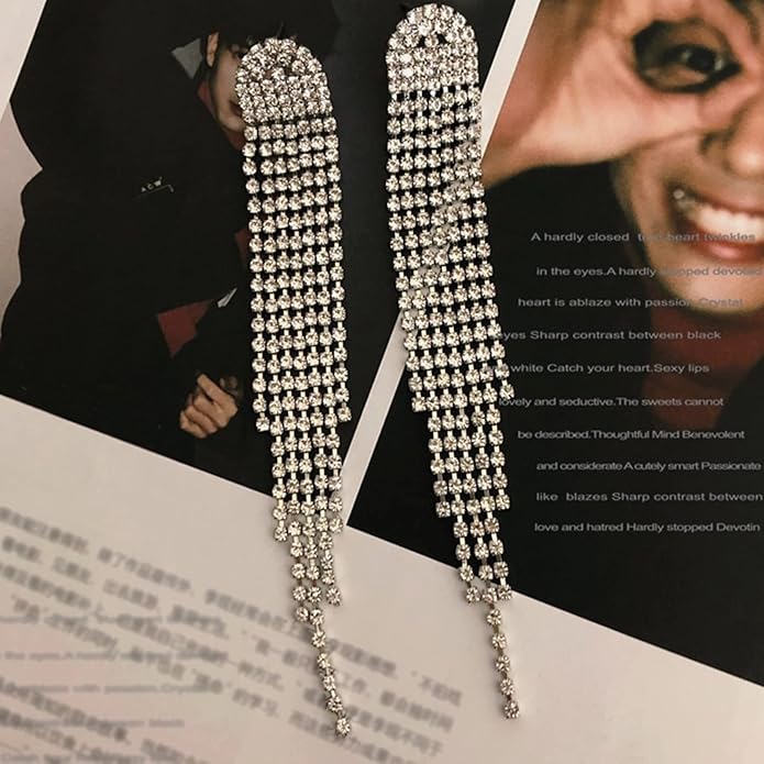 Luxval Rhinestone Earrings Dangling for Women Sparkly Silver Dangle Earrings Girls Long Chandelier Earrings Tassel Lightweight Ear Studs Cubic Zirconia Crystal Statement