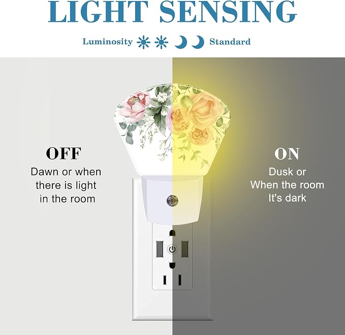 Watercolor Pink Flowers Night Light Plug into Wall, Pink Roses Night Light with Dusk to Dawn Sensor for Kid Girls Boys Women Men Room, Hallway, Kitchen, Bathroom, Stairs Decor