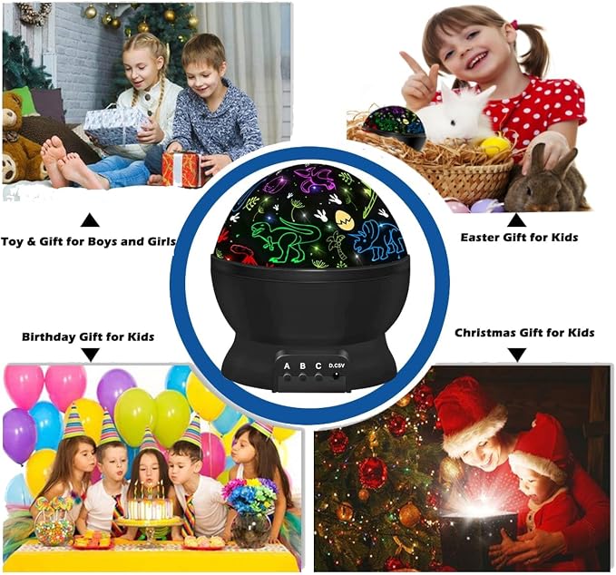 Night Light for Kids, 2-in-1 Dinosaur & Starry Sky Kids Night Projector, 360° Rotating Silent Star Night Light with USB Cable, Color Changing Toddler Room Decor, Gifts for 3-8 Year Old Girls Boys