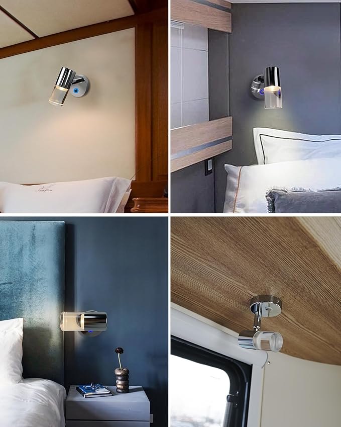 THALASSA RV 12V LED Reading Light Warm White with Blue Night Light/Ambient Lighting - Wall Sconce for Motorhome, Camper & Trailer