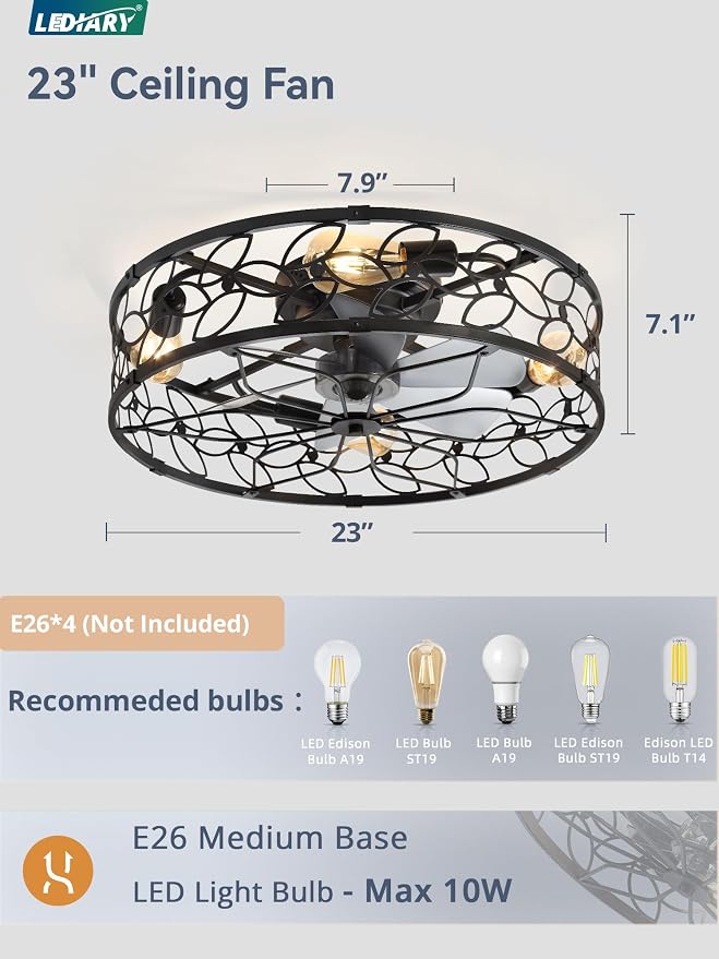 LEDIARY 23" Caged Ceiling Fan with Light, Flush Mount Fandalier with Remote | Low Profile, Farmhouse Large, Bladeless Industrial, Quiet DC Motor, App Control for Bedroom, Kitchen, Dining Room, Black