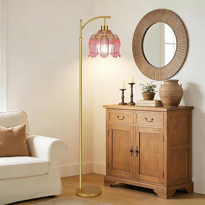 ILLMTW Pink Floor Lamp for Living Room,Bedroom,Glass Mid Century Modern Standing Lamp with Remote,Dimmable Gold Brass Tall Lamp Tulip Flower Arc Floor Light Boho Bohemian