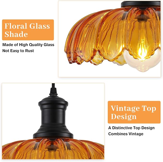 Orange Pendant Light, Kitchen Pendant Light with Glass Shade, Vintage Pendant Lighting for Kitchen Island, Dining Room, Bedroom, Living Room, Bathroom, Hallway, Sink