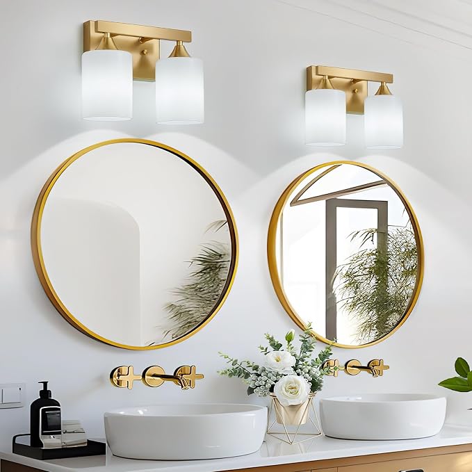 ZHU YAN 2 Light Vanity Lights for Bathroom,Gold Bathroom Vanity Light,Milky White Glass Shades,Modern Bathroom Wall Lamp for Mirror Living Room Bedroom E26 Socket
