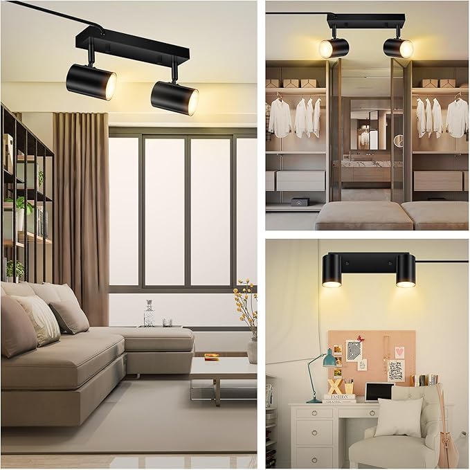 2 Light Track Lighting Kit,Black 2 Way Modern Plug in Ceiling Spotlight,Industrial LED Wall Light for Kitchen Cabinet Gallery Bar Hallway Living Room,Rocker Switch,15 Foot Cord(No Bulb)