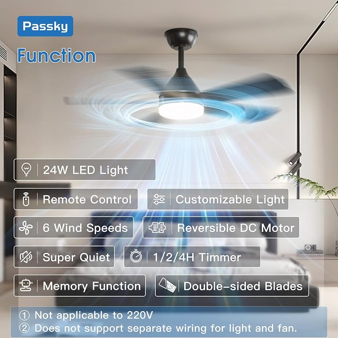 Passky 42 Inch Black Sleek Ceiling Fans with Lights, Remote Control | 3-color dimmable light, quiet reversible DC motor, easy install, memory, Timer, bedroom, covered outdoor areas
