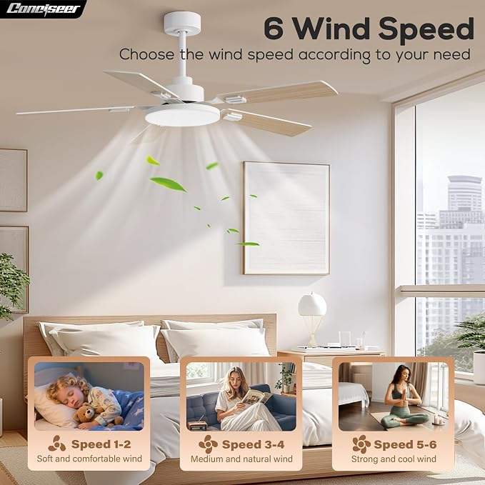 Conciseer 52 Inch Ceiling Fans with Lights and Remote for Bedroom Living Room Kitchen Office, Indoor/Outdoor Use, 6CCT Dimmable, 5 Blades 6 Speed Reversible Quiet DC Motor, White/Wood Grain, 2 Pack