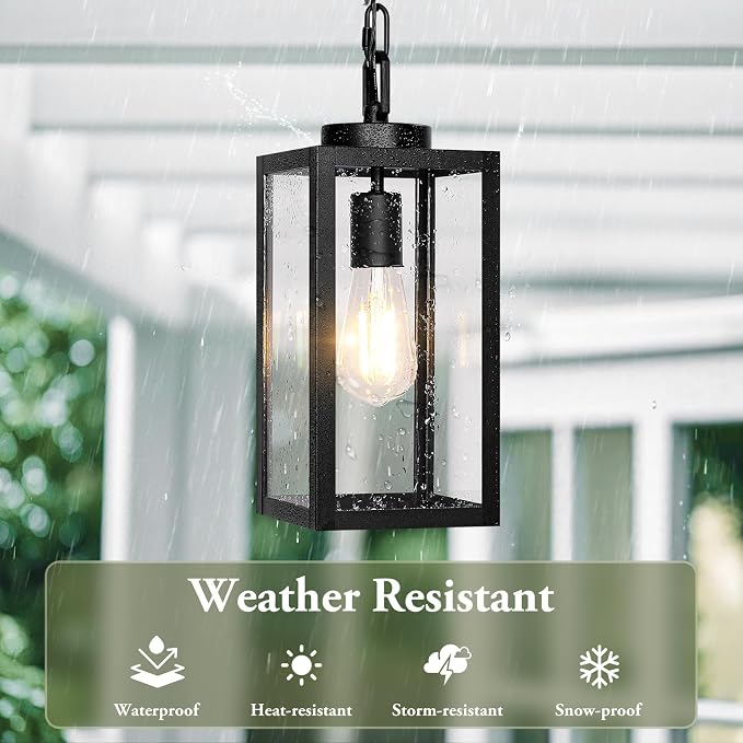 Outdoor Pendant Light, Modern Hanging Lantern for Porch, Black | Hanging Height Adjustable, Waterproof, Rust-Resistant, Durable Metal & Clear Glass, Standard E26 Sockets, Easy to Install
