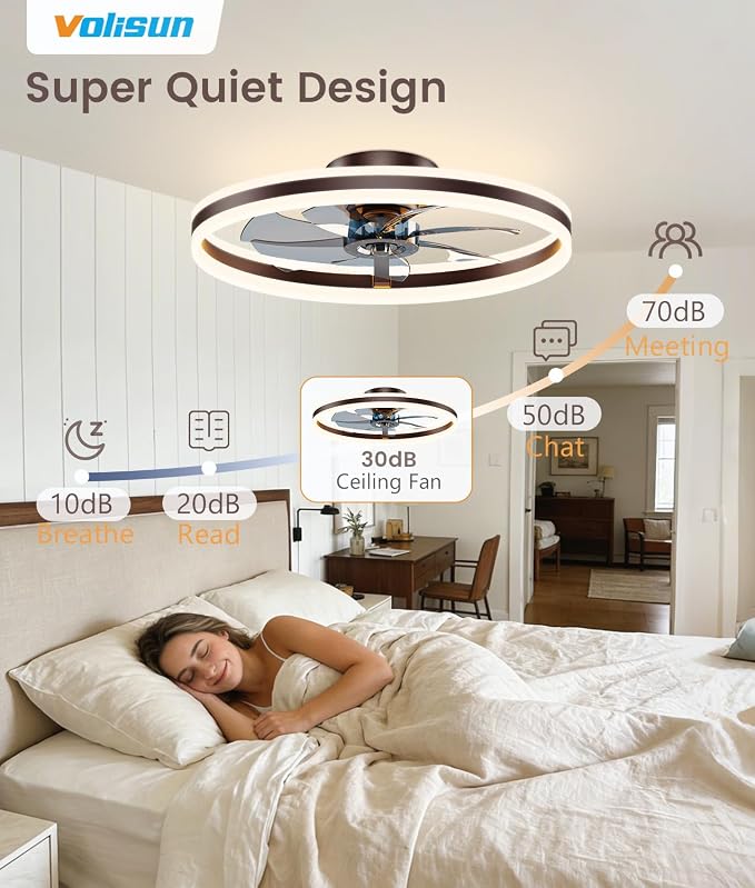 VOLISUN Low Profile Ceiling Fans with Lights and Remote, 24in Flush Mount Ceiling Fans with Light, 3000K-6500K Dimmable Fandelier LED Fan Light, Brown Bladeless Ceiling Fans with Lights for Bedroom