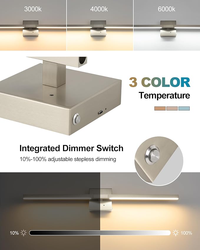 Rayogale Nickel Battery Operated Wall Sconces Set of 2, 24 Inch | 3000/4500/6000K Dimmable 8000mAh Wireless Rechargeable Wall Sconces with Remote Control, Timer for Living Room, Bedroom