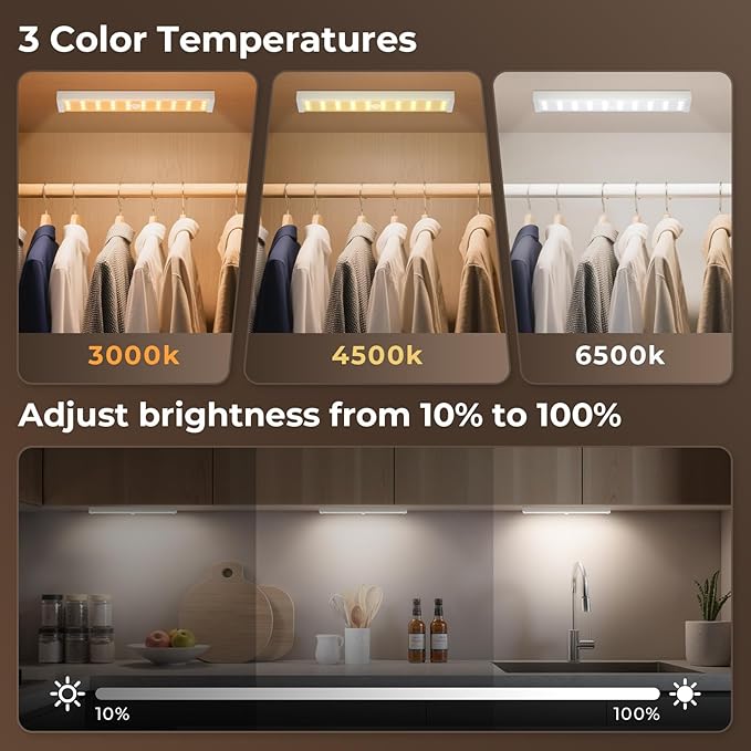2 Pack Closet Lights, Rechargeable Under Cabinet Lighting, 30 LED Motion Sensor Light, Dimmable, 3 Color Temperatures Counter Lights for Kitchen, Pantry, Bedroom, Wardrobe