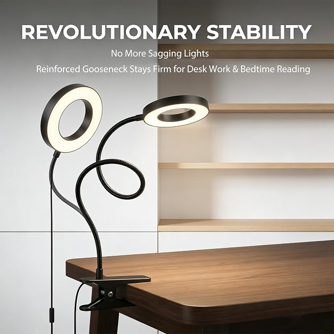 Sunny Power LED Clip On Book Light Eye-Care Bedside Reading Light for Kids | 3 Color Modes,10 Brightness Levels Flexible Arm Night Light,USB Powered Books in Bed, Table Lamp for Home Office Dorm