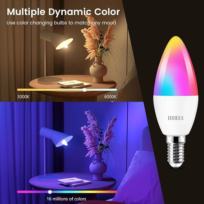 OHLUX 2 Pack E12 LED Bulb, 5W 40 Watt Equivalent Dimmable Smart Candelabra Bulbs Compatible with Alexa, Google Home, Color Changing, Music Sync, Voice Control, Timer