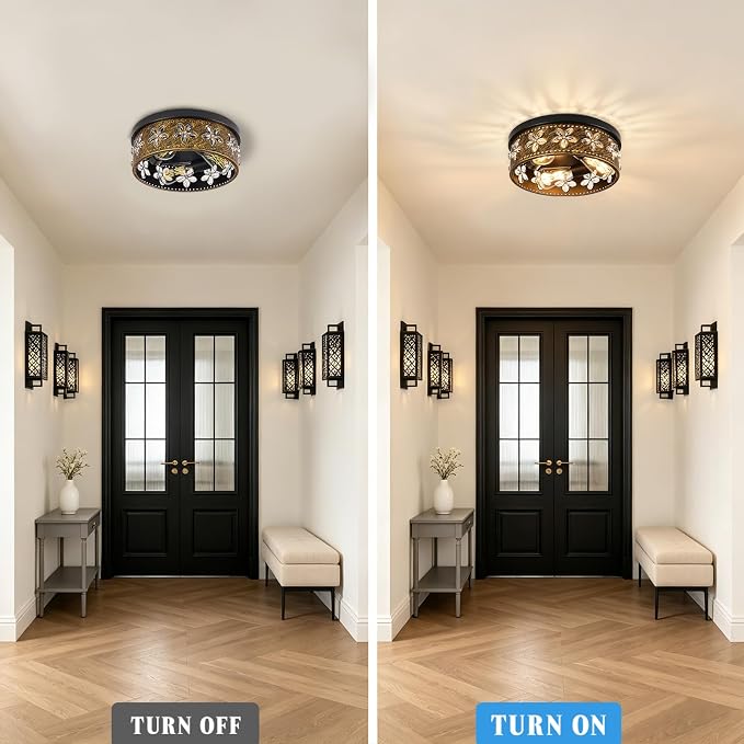 12.6 Inch Black Flush Mount Ceiling Light Fixture | 3-Light, Flower, Farmhouse, Kitchen, Dining Room, Bedroom, Living Room, Foyer, Entryway