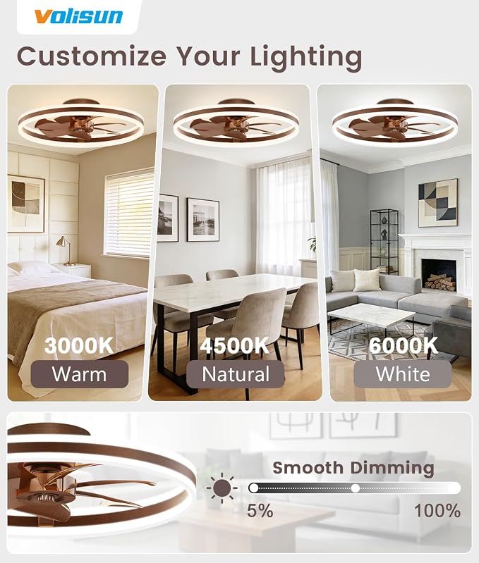 VOLISUN Low Profile Ceiling Fans with Lights and Remote, 24in Flush Mount Ceiling Fans with Light, 3000K-6500K Dimmable Fandelier LED Fan Light, Farmhouse Ceiling Fans with Lights for Bedroom