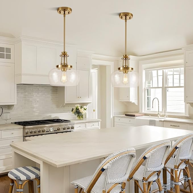 Modern Pendant Lights Kitchen Island, Brushed Gold Pendant Light Fixtures with 10" Clear Glass Shade, Industrial Hanging Pendant Lights Fixture for Kitchen Island Dining Room Bedroom Foyer Entryway