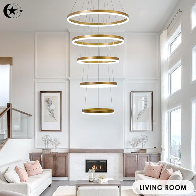 5-Rings Modern LED Chandelier Gold Dimmable High Ceiling Chandelier for Dining Room with Remote Control for Foyer Living Room Entryway Staircase(D23.6’’, 3000K-6500K)