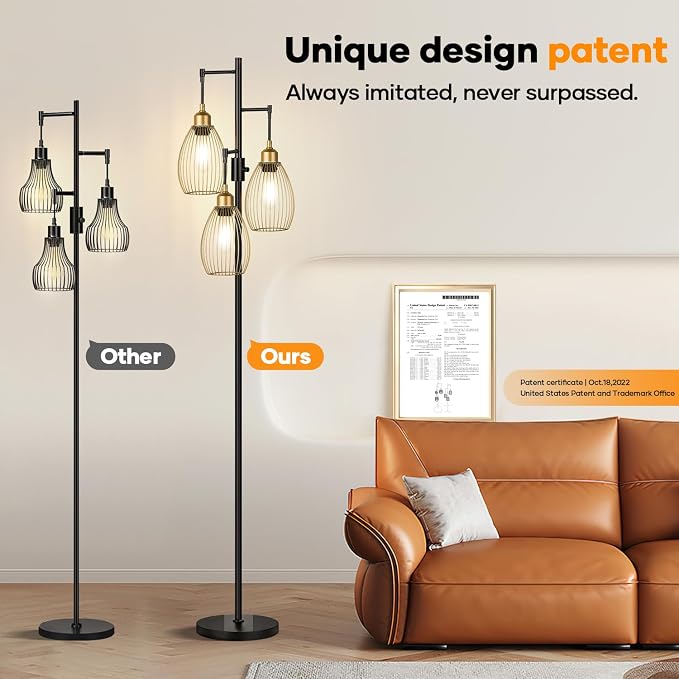 Dimmable Floor Lamp,3x800LM LED Bulbs Included, Farmhouse Industrial Floor Lamp Standing Tree Lamp with Teardrop Cage Head Tall Lamp for Living Room Bedroom Office Dining Room - Black Gold Edge