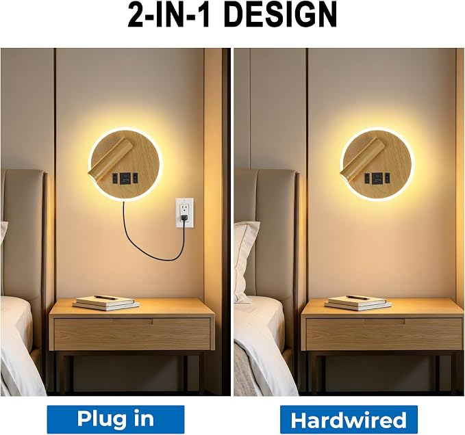 Reading Light for Bed with Plug in Wall Sconce&Hardwired Install | Wall Lamp for Bedroom with USB C+A Ports, Bedside Reading Lamp With 9W Night Light, Wood Color Reading Light Adjustable Angle