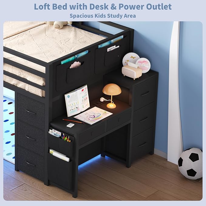 Twin Loft Bed with Desk, RGB Lights & Under Bed Play Fort, Black | 11 Storage Drawers, Clothes Rack, Pockets, Wide Step Stairs, 11.8''H Safety Guardrail, Built-in Charging Station