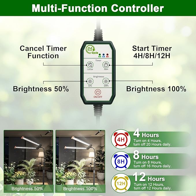 Grow Light for Indoor Plant, 6000K Full Spectrum Plant Lamp | White Red Blue LED for Pot Succulents Seed Growing, Light Strip Foldable & Height Extendable 9-25'', Auto Timer 4 8 12Hrs