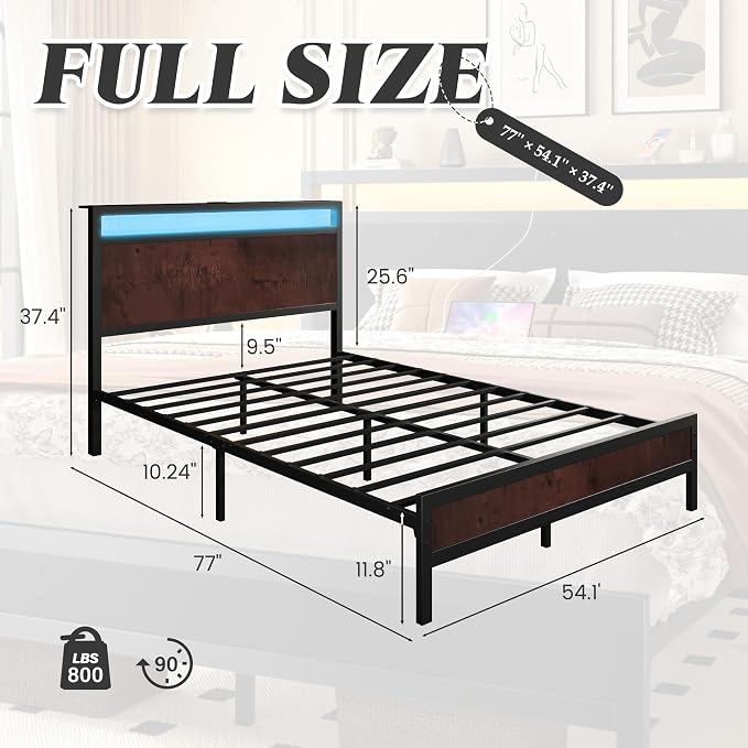 Fluest Full Bed Frame with Headboard & Footboard, Full Bed Frame with Built-in Charging Station & LED Light, Storage Shelf, Noise-Free, No Box Spring Needed, Easy Assembly, Coffee Brown
