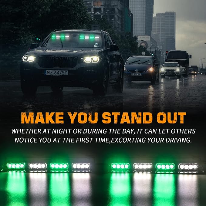 XRIDONSEN Green White Emergency Dash Strobe Lights Safety Flashing Warning Interior Front/Rear Windshield Deck Split Lights w/Digital Display Controller for Construction Vehicles Trucks (2x14 inch)