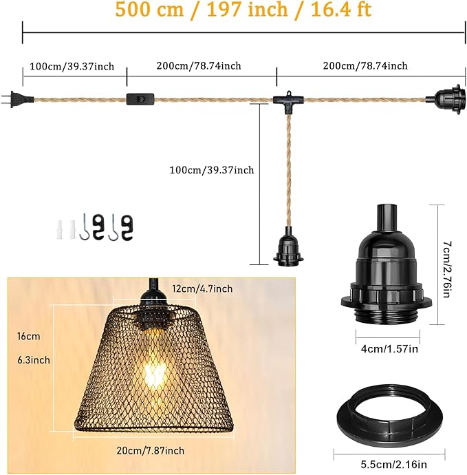 2 Light Plug in Pendant Light Cord, 19.68ft Hemp Rope Cable, Black Metal Cage Lampshade Ø20cm, E26/E27 Socket Vintage Hanging Lights with Plug in Cord for Dining Room Living Room