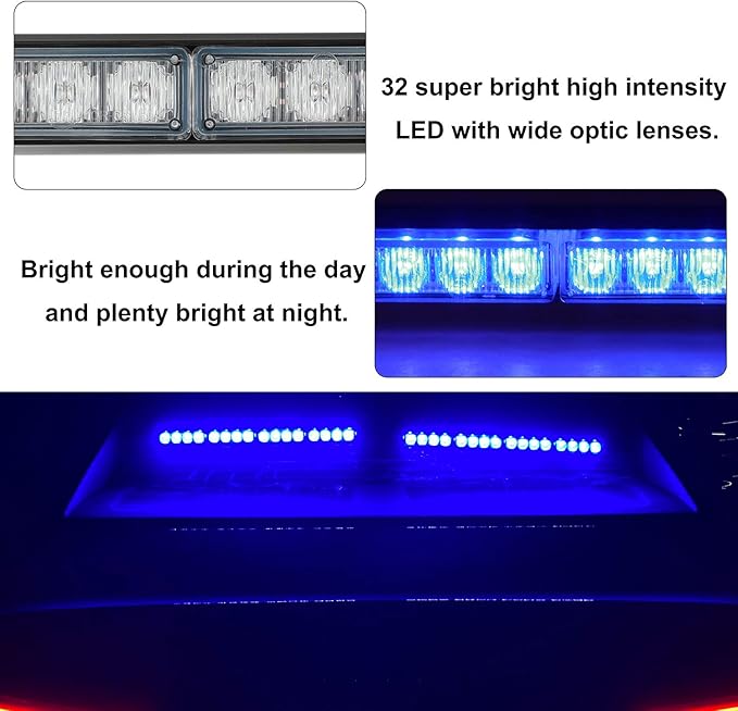 ASPL 2x16.8 inch Emergency Flashing LED Traffic Advisor Strobe Light Bar 32LED 26 Flash Patterns Interior Safety Warning Lights (Blue)