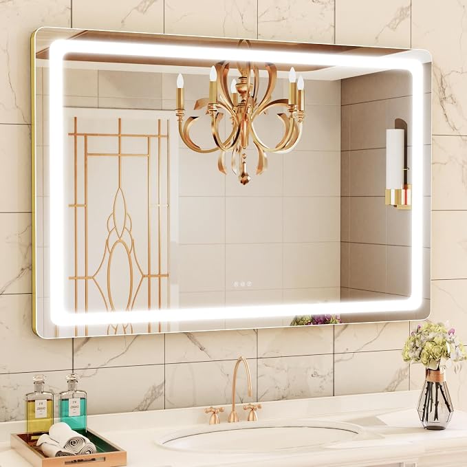 Gvnkvn Vanity Mirror with Lights, 28" x 22" LED Makeup Mirror, Lighted Makeup Mirror with 10X Magnification,Dimmable 3 Modes, Touch Screen Control Vanity Mirror Round Gold