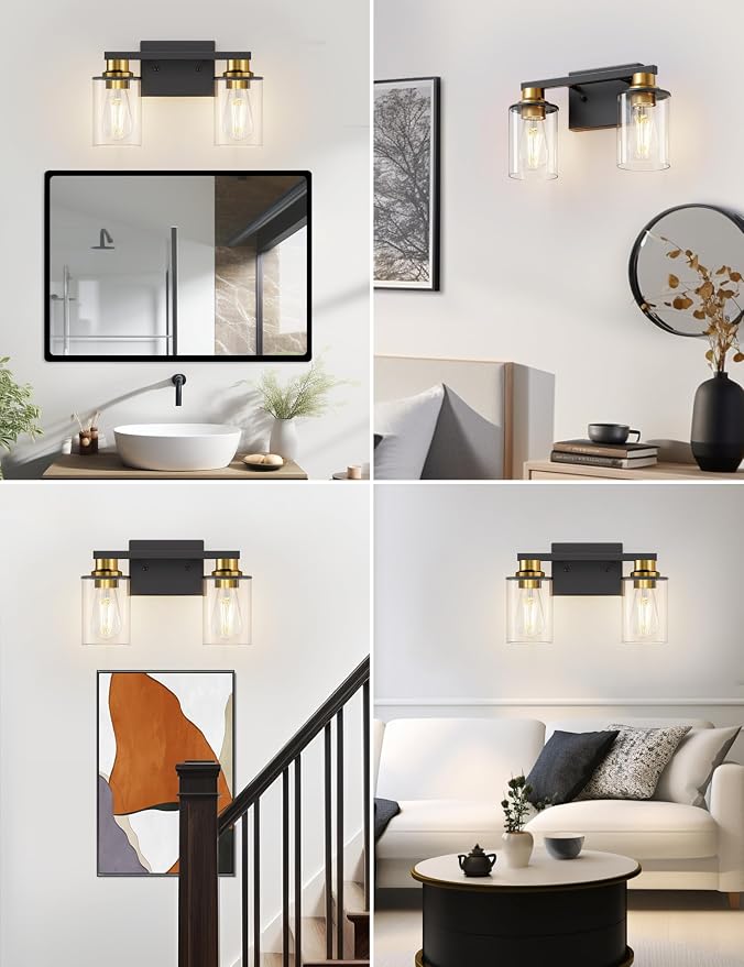 Bathroom Light Fixtures, 2-Light Black and Gold Bathroom Lights Over Mirror with Clear Glass Shade, Vanity Lights for Hallway Bedroom Living Room, ETL Listed | Modern Vanity Lights With Clear Glass Shade, Bathroom Wall Light for Mirror, Kitchen, Living...