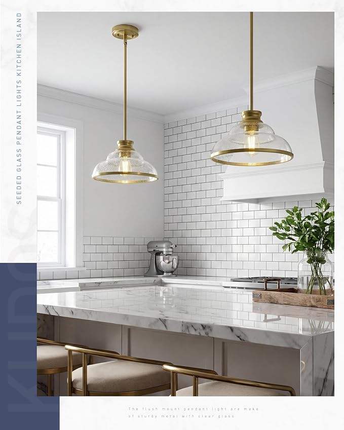 kudos 2-Pack 11" Gold Pendant Light with Seeded Glass Shade, KDPL14-GD-2PK | E26 Bulb Base, Hardwired, Farmhouse Styling, Adjustable Hanging Rods for Flat or Sloped Ceilings, for Kitchen Bars
