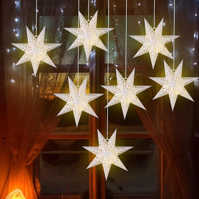 12 Pcs 14in Paper Star Lantern with 7 Pointed LED Lights for Xmas, Wedding, Holiday, Birthday Party Celebration(White)