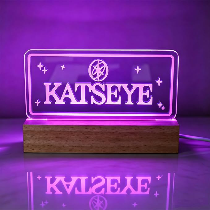 Kate LED Night Light 7 Color Changing Neon Sign USB Acrylic Lamp Wood Base | Adjustable brightness USB powered glowing decor lamp birthday gift for K-pop fans for bedroom desk home ambiance decoration