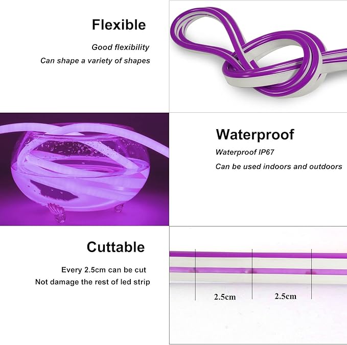 YM E-Bright Purple Led Neon Strip Light Without Power Supply, 5M 16.4Ft 600SMD Silicone Rope Lamp for Signboard Bar Home Building Indoor Outdoor Decoration Waterproof Flexible DC12V