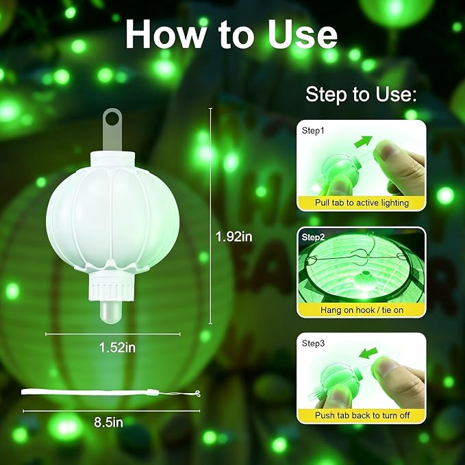 ZGWJ 10pcs Paper Lantern Lights Battery Operated, Hanging Lights for Lantern, Balloon,Wedding,Party, Decorative Lighting for Outdoor Indoor Halloween Christmas Decorations Green