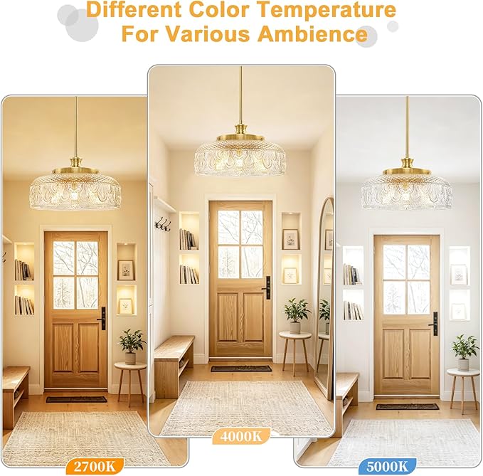 Lamomo 3-Light Adjustable Pendant Lights Kitchen Island, 12in Brushed Gold | Modern Clear Glass Ceiling Mount Hanging Lighting Fixture, Vintage Brass Drop Lights for Bathroom Hallway Bedroom Dining Room