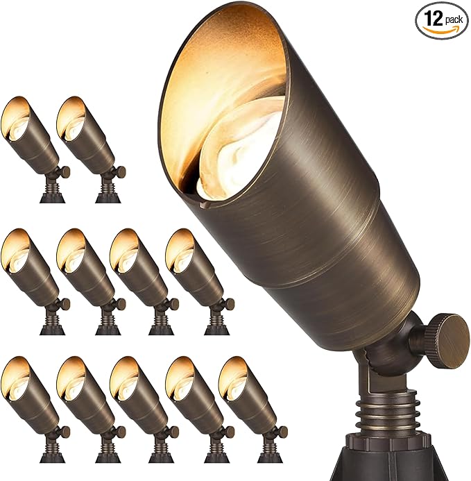 Solid Brass Outdoor Landscape Spotlights, 12V Heavy Duty Low Voltage LED Spot Light Waterproof for Garden and Yard Up Lighting, Bronze Accent Lighting Fixture, Without MR16 Bulb 12 Pack