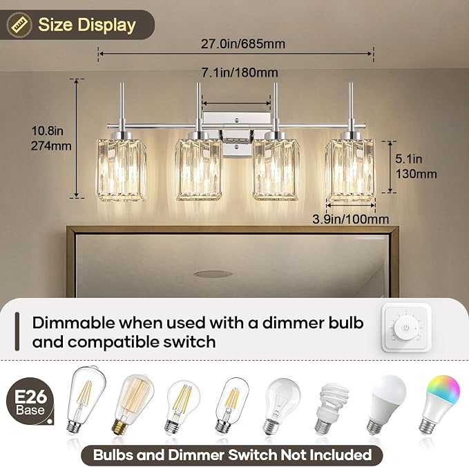 Torondo Modern Crystal Bathroom Vanity Light 4-Lights Chrome Bathroom Light Fixtures Over Mirror Vanity Lighting Fixtures Gold Square Shade Wall Sconce (Bulbs Not Include)