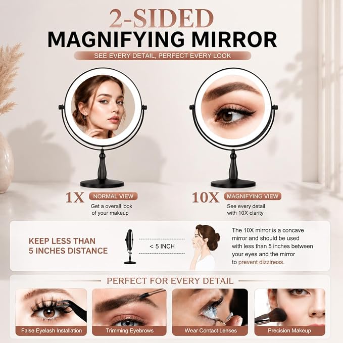Vanity Mirror with Lights, 10X Magnifying Mirror with Light for Women, 2000 mAh Makeup Mirror with Lights and 3 Colors, 360 Degree, 2-Sided, 9 Inch, Black